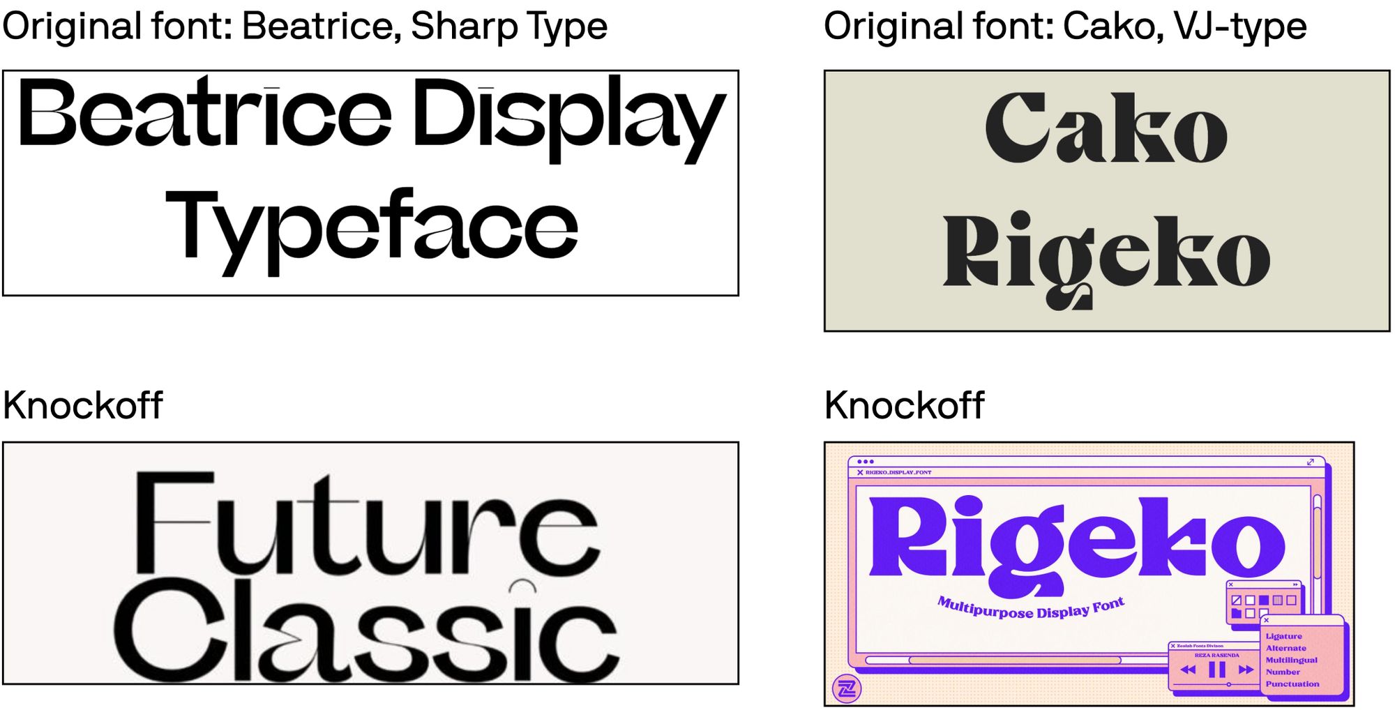 A screenshot showing genuine fonts vs. knockoffs found in cheap font bundles