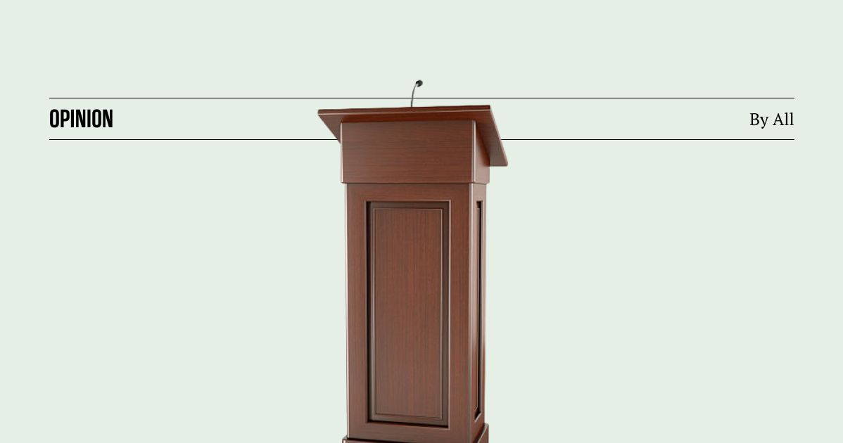 A lectern. Text reads "Opinion, by All"