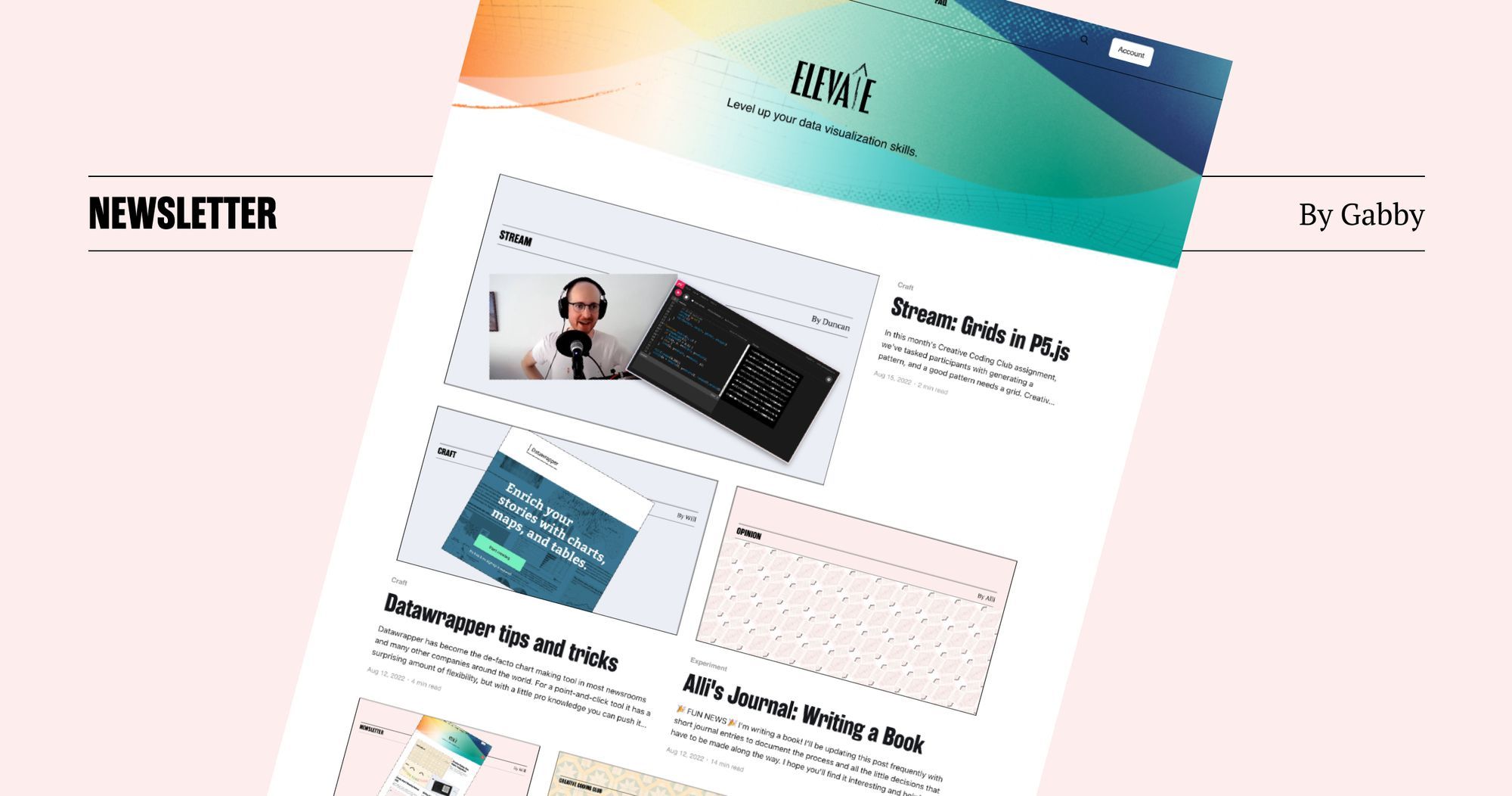 Screenshot of the home page of Elevate. Text reads Newsletter by Gabby